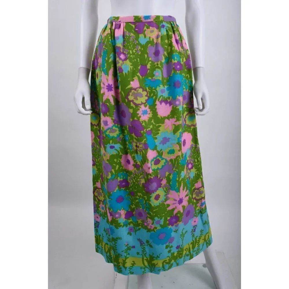 Vintage 70s Womens Maxi Skirt Barkcloth Green Purple Floral Retro XS Cottagecore